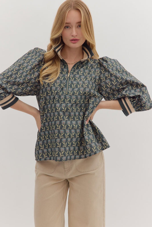 Chic blue 3/4 zip top