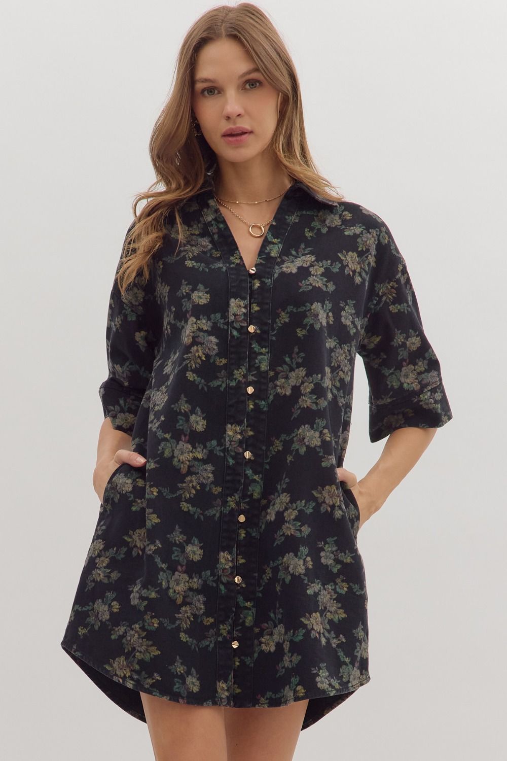 Black floral denim mini dress