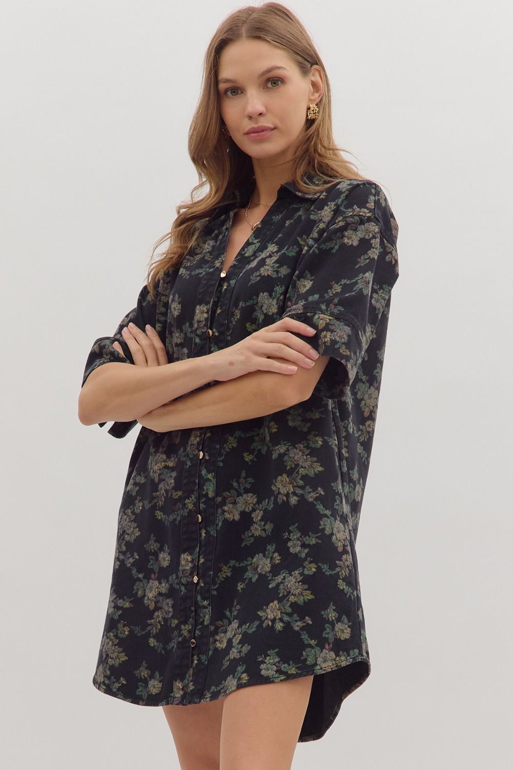 Black floral denim mini dress