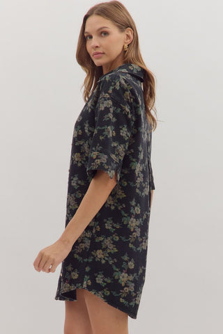 Black floral denim mini dress