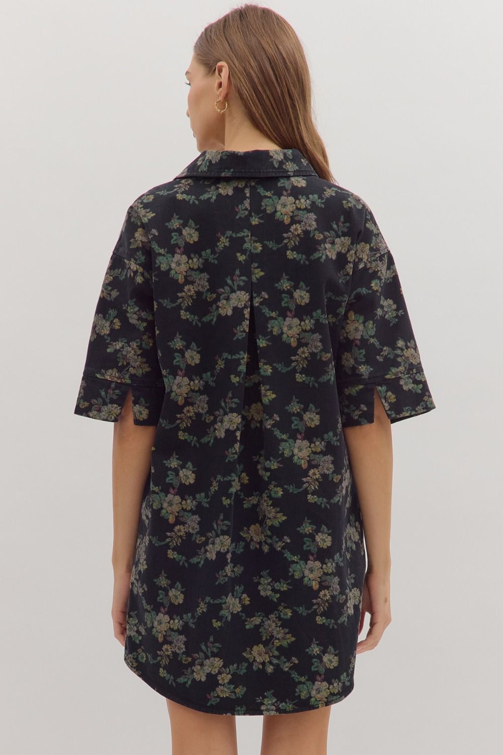 Black floral denim mini dress