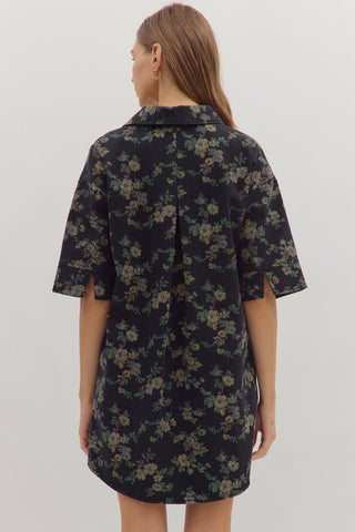 Black floral denim mini dress