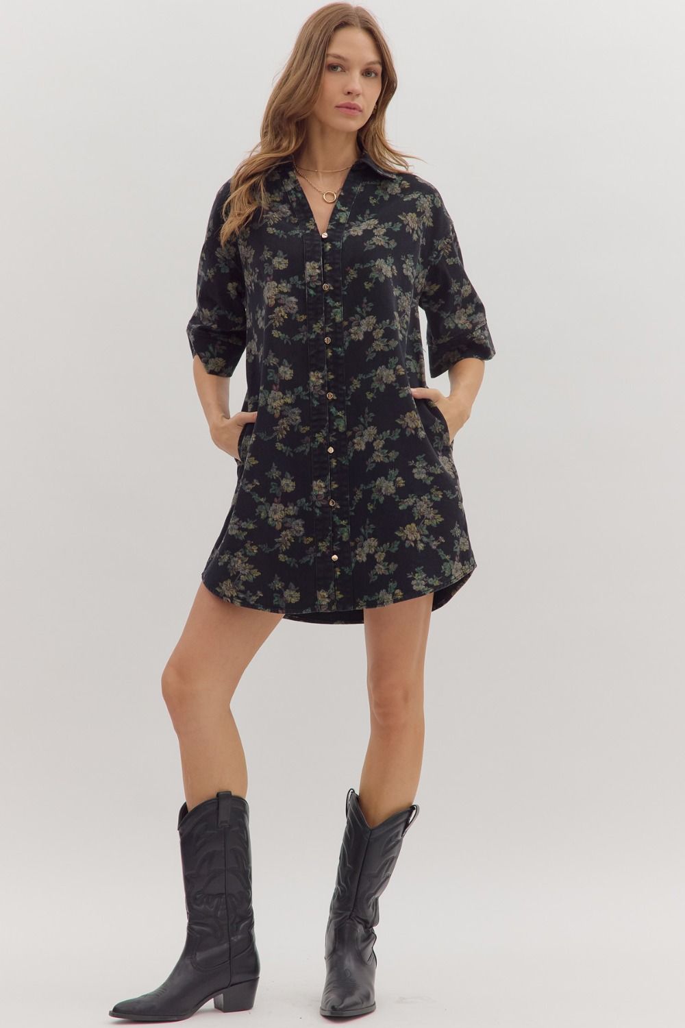 Black floral denim mini dress
