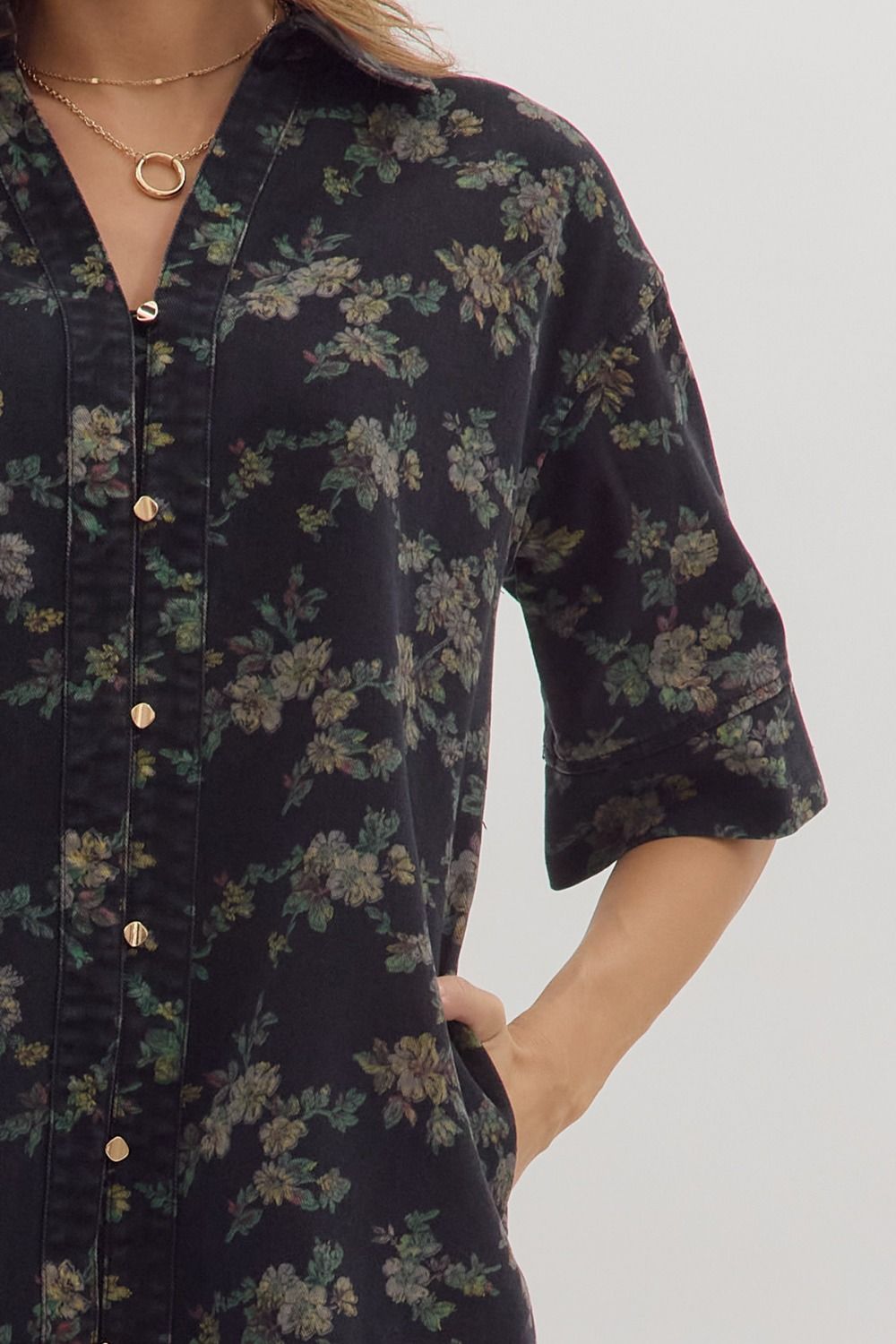 Black floral denim mini dress