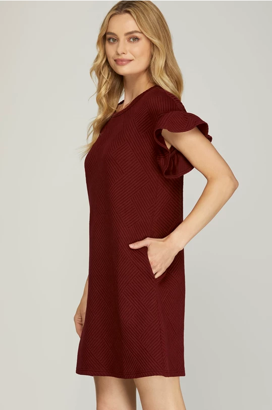 Ruffled Sleeve Wine Shift Dress
