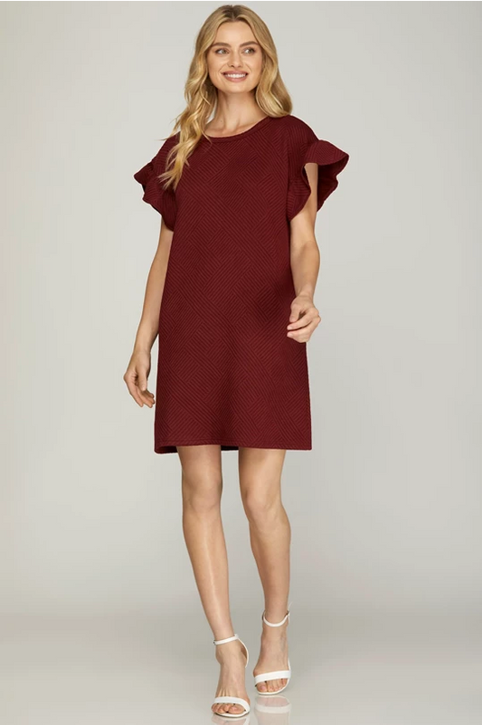 Ruffled Sleeve Wine Shift Dress