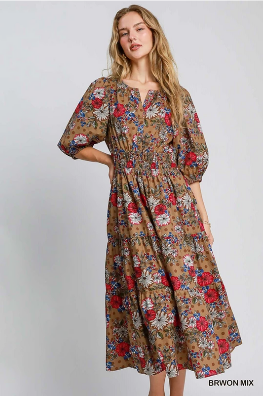 Tan floral midi dress