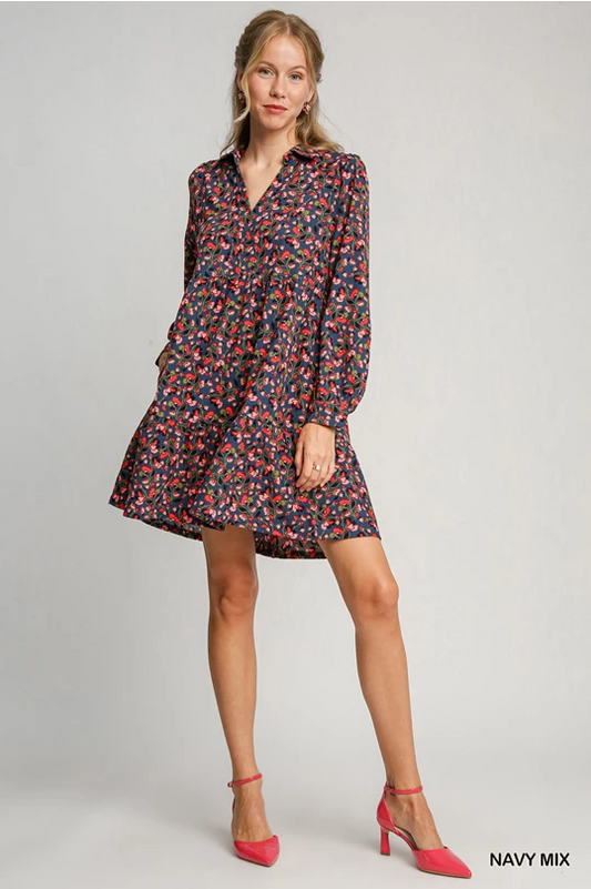 Floral navy corduroy dress