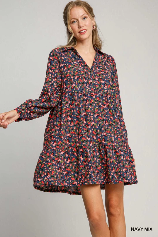 Floral navy corduroy dress