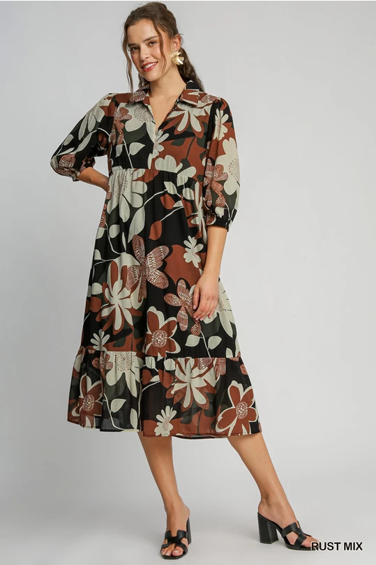 Rust floral print dress