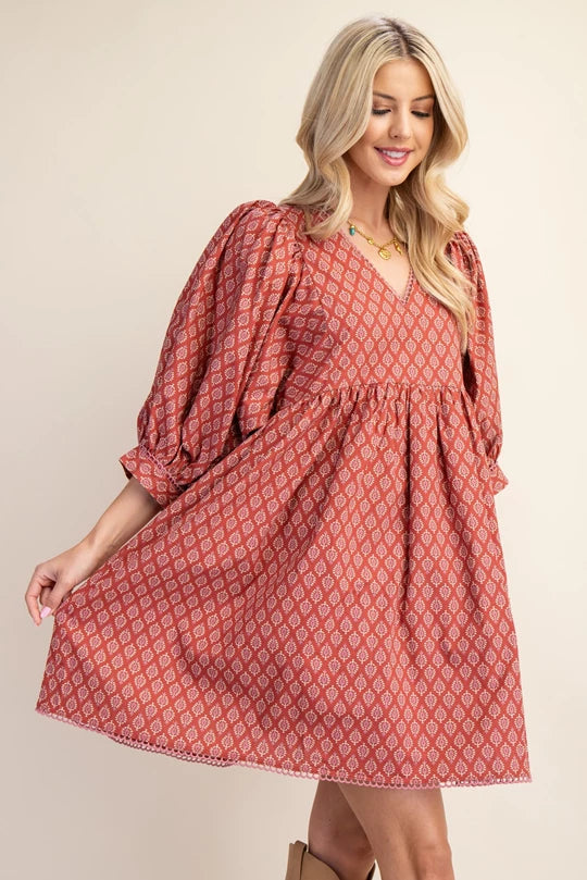 Print V-Neck Dress with 3/4 Puffed Sleeves & Trim Detail