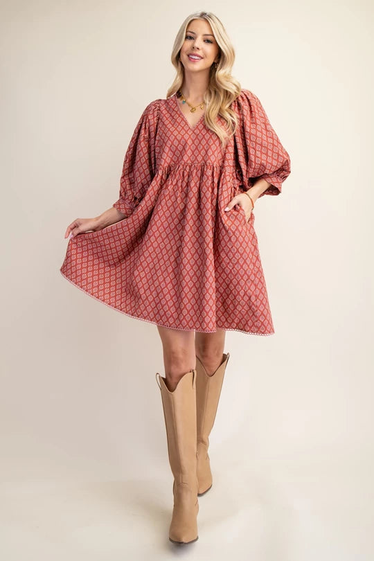 Print V-Neck Dress with 3/4 Puffed Sleeves & Trim Detail