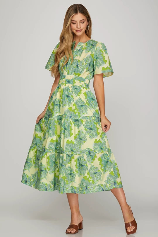 Green floral midi dress