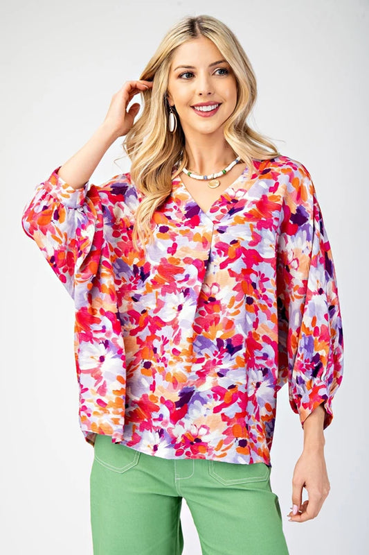 Pink floral v neck blouse