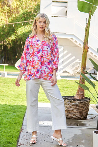Pink floral v neck blouse