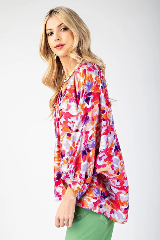 Pink floral v neck blouse