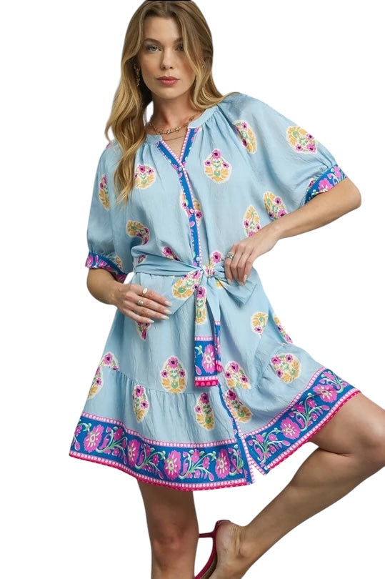 Floral sky blue border print dress