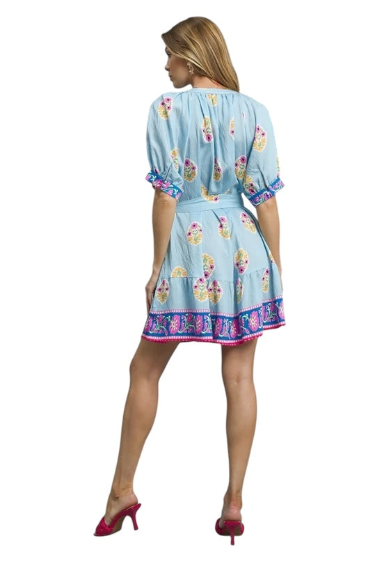 Floral sky blue border print dress