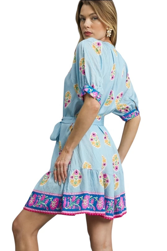 Floral sky blue border print dress