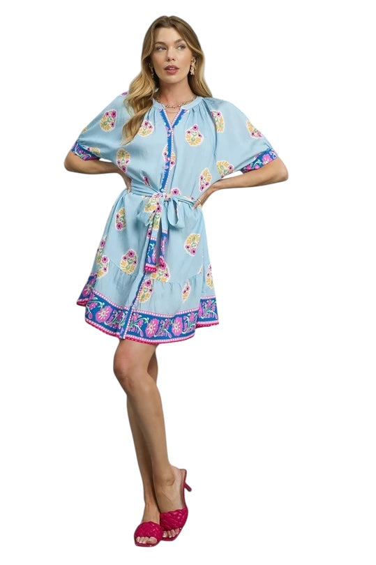 Floral sky blue border print dress