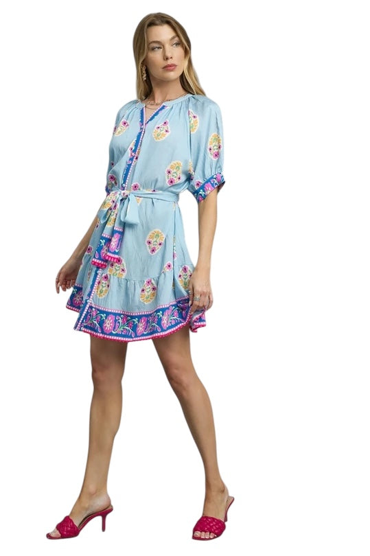 Floral sky blue border print dress
