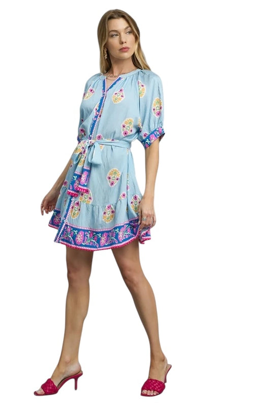 Floral sky blue border print dress