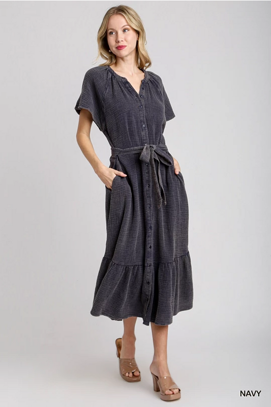 Navy gauze midi dress