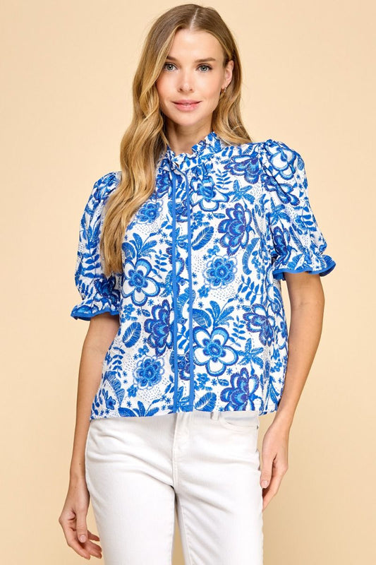 Floral blue and white blouse