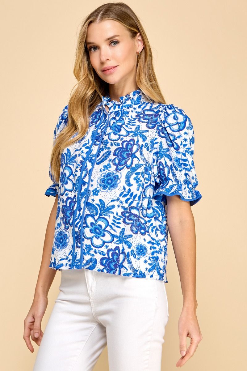 Floral blue and white blouse
