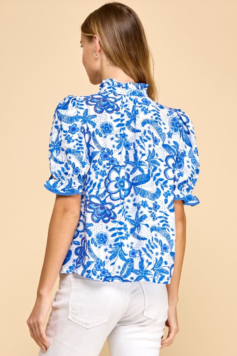 Floral blue and white blouse