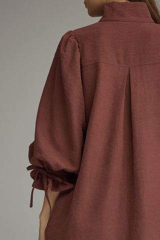Close-up back view of a person wearing an oversized rust-brown blouse with a high collar, voluminous sleeves, and side tie details, photographed against a plain light gray background.