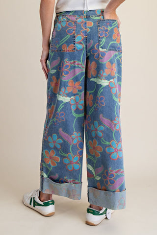 Rear view of Easel colorful floral print wide leg cuffed denim