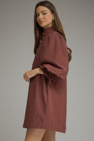 A woman modeling an Entro merlot dress with a high collar, balloon sleeves, and side-tie ruffles, photographed against a neutral gray studio background.