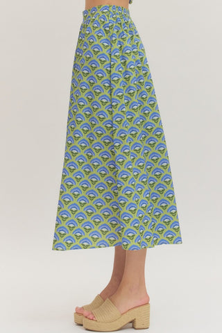 Green and blue patterned skirt boutique brand Entro midi length side view