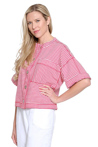 Woman wearing a red and white button front striped shirt by Tru Luxe Jeans