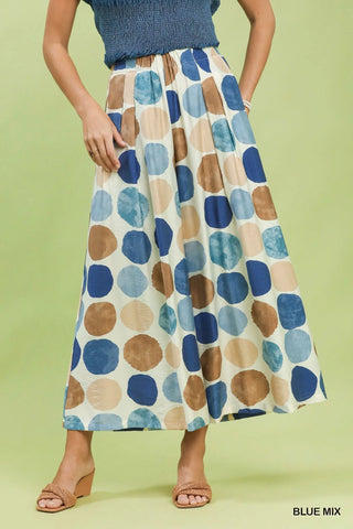 Patterned wide leg pants  with blue and brown polka dots by boutique brand Umgee