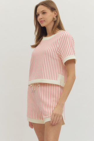 Entro pink and white striped matching short set at an angle 