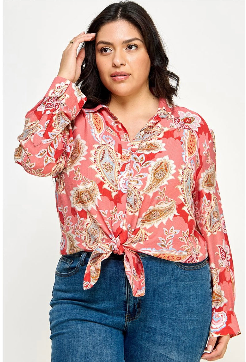 Coral Paisley Waist Tie Top