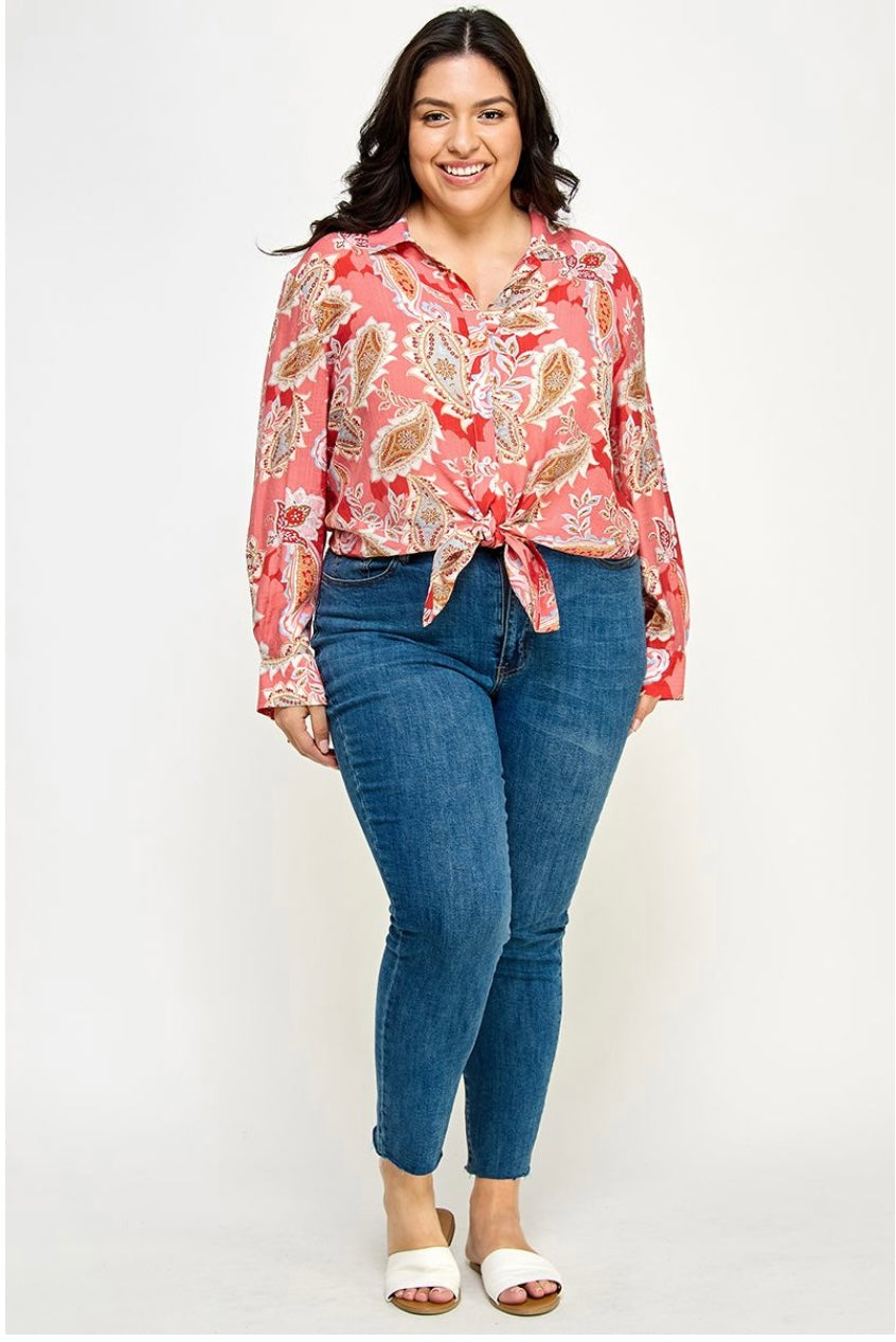 Coral Paisley Waist Tie Top