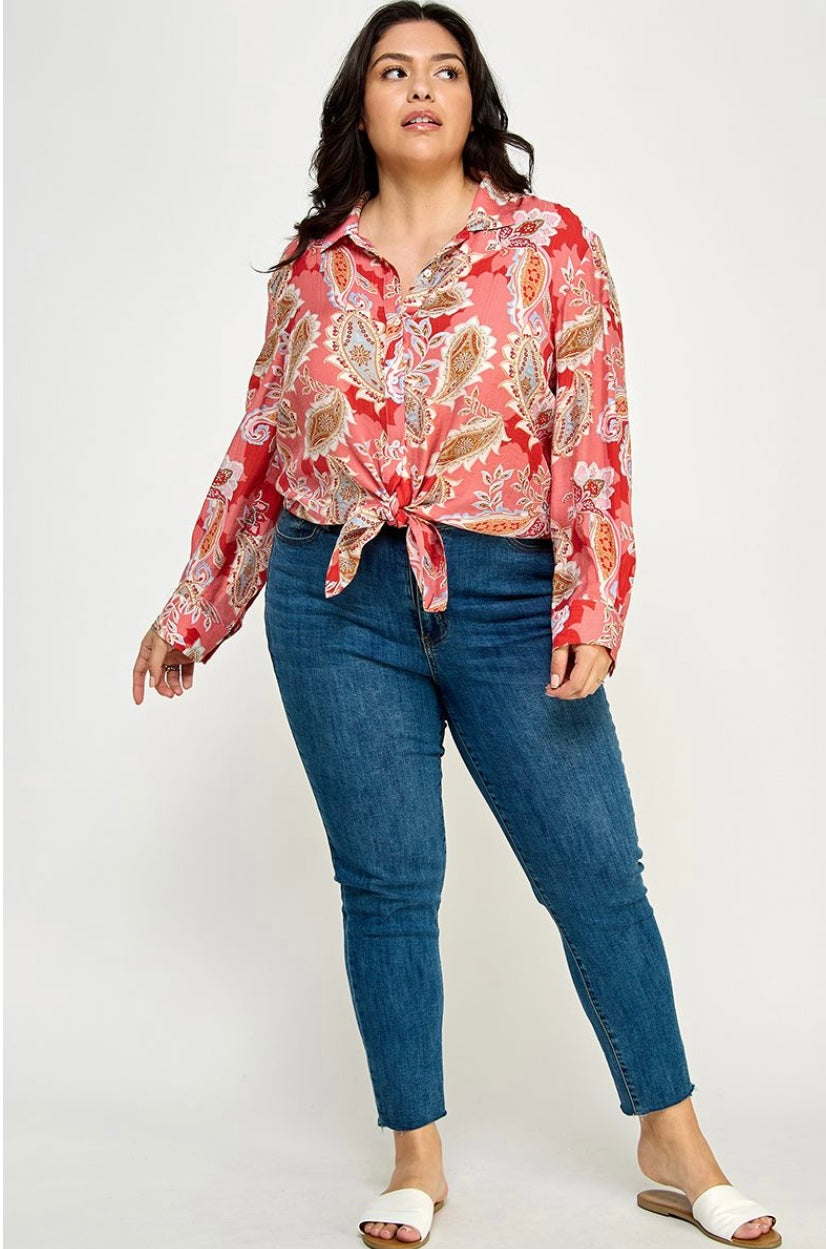 Coral Paisley Waist Tie Top